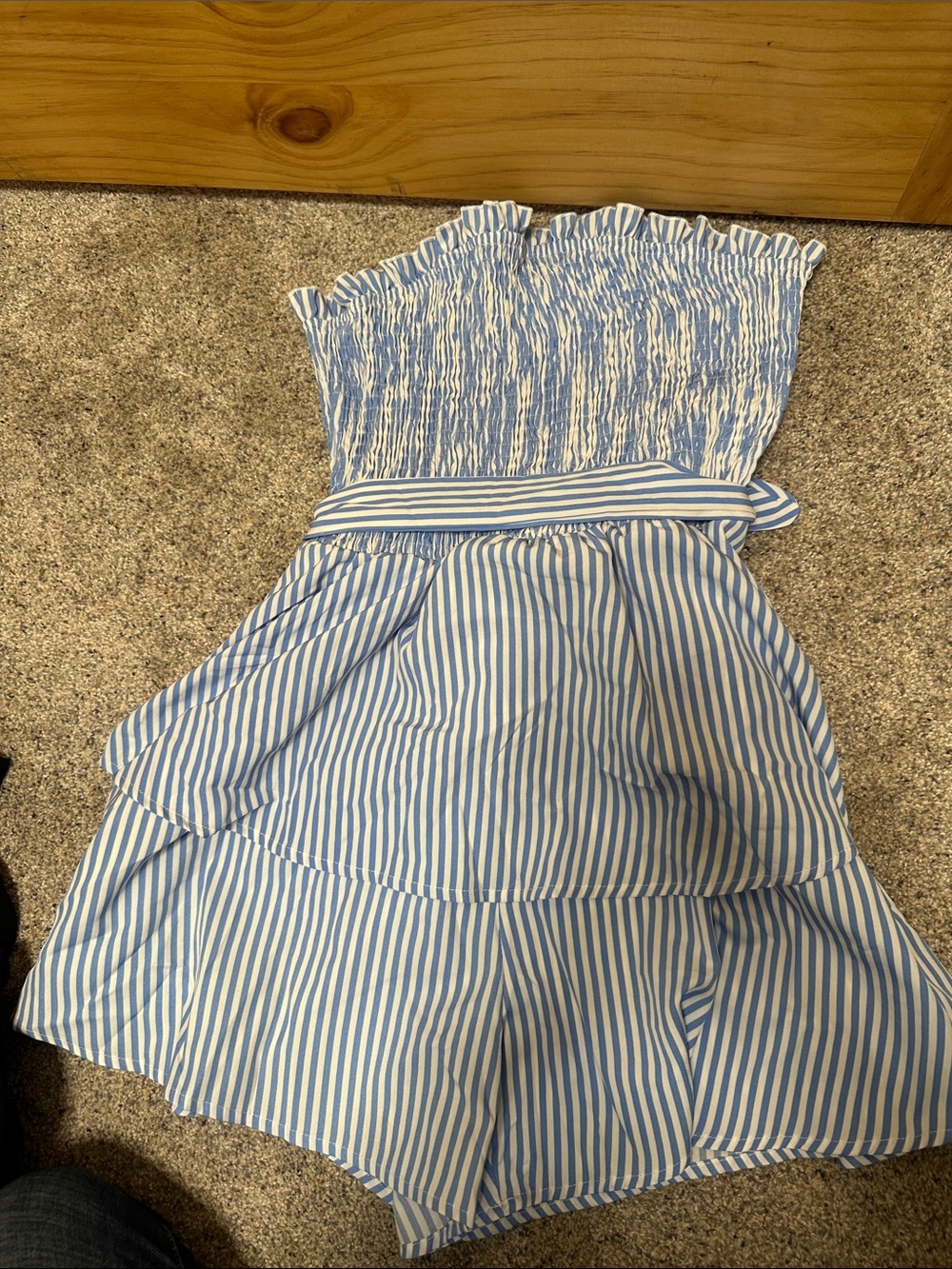 Blue and White Striped Smocked Romper